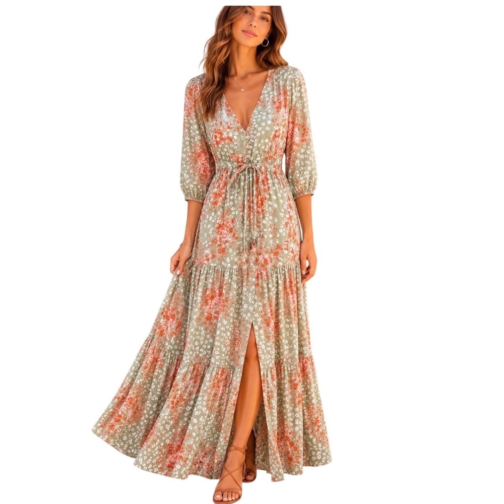 Abel The Label Sage Green Floral Tiered Boho Maxi‎ Dress Australian Women Medium